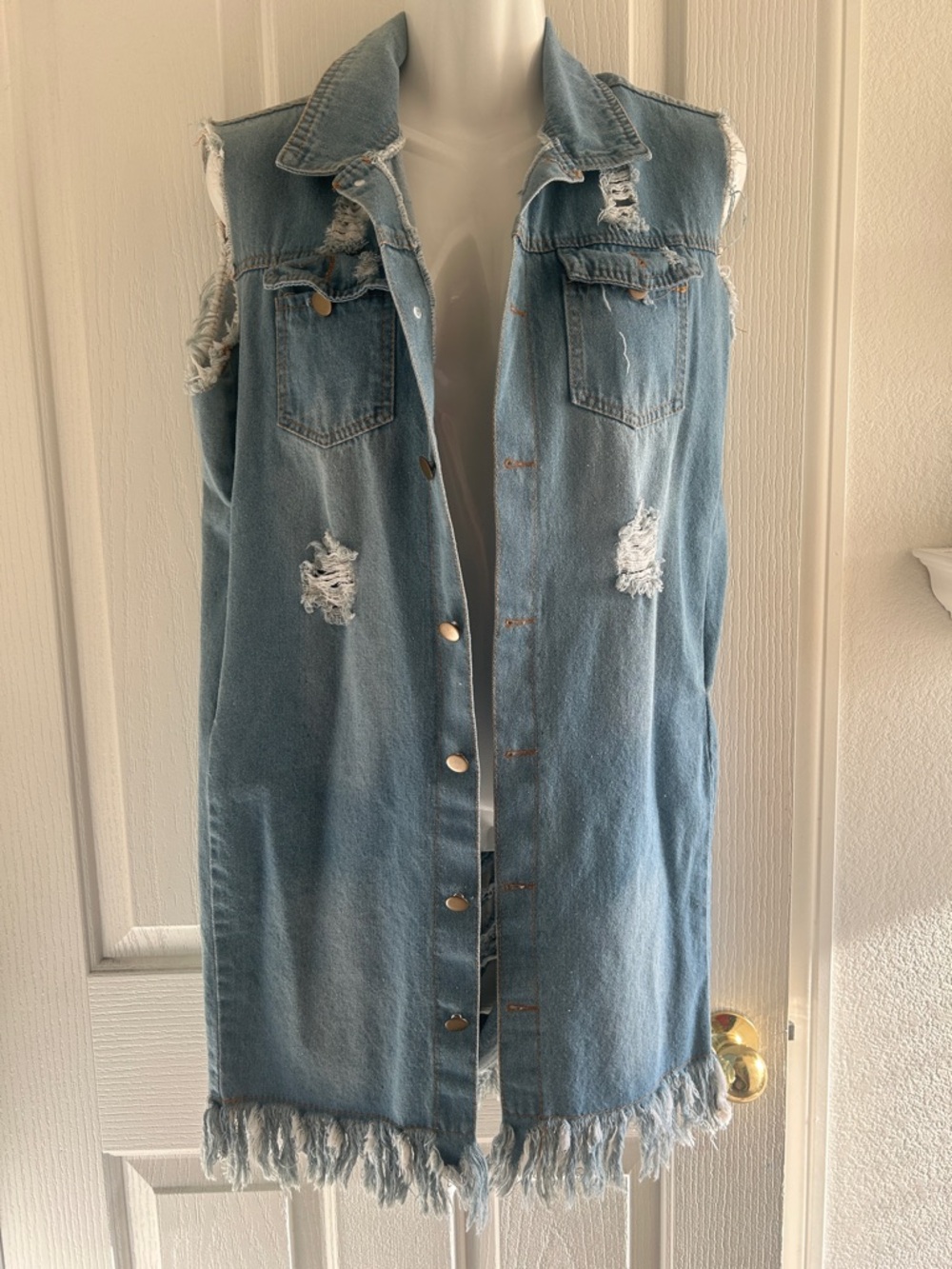 Light Blue Distressed Denim Sleeveless Long Vest with Frayed Hem